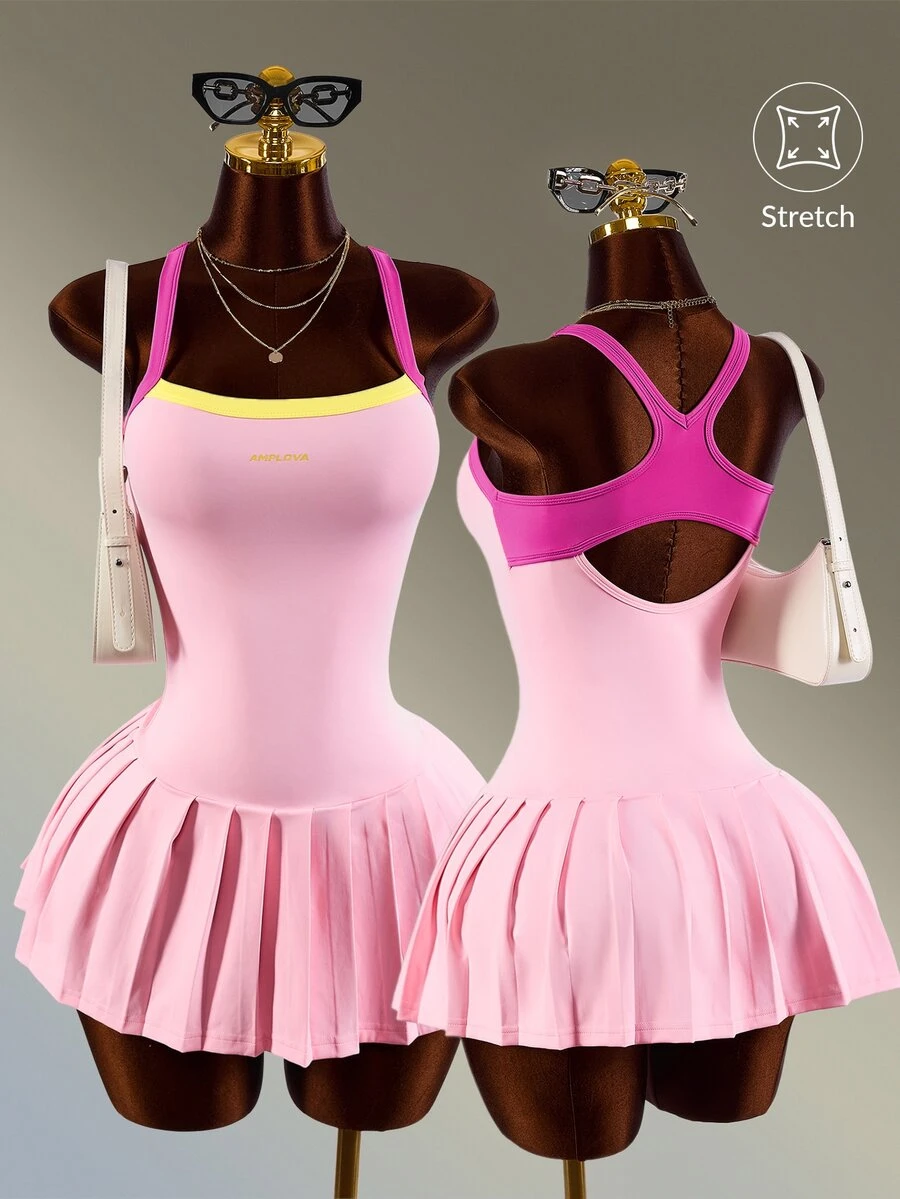 Amplova Women's Exposed Seam Design Patchwork Contrast Color Sporty Pleated Cami Dress Pink And Yellow Tennis Daily Fashion Workout Gym Going Out Casual - Pink - View 1
