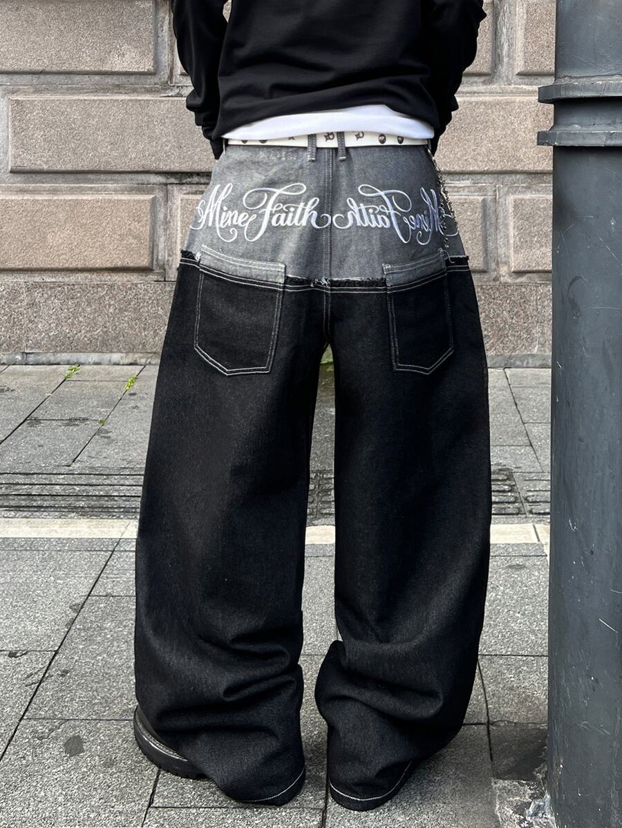 STEELVANCE Streetwear Retro Fashion Versatile Distressed Washed Contrast Rivet Patchwork Raw Hem Letter Embroidery Design Loose Straight Leg Wide Leg Casual Denim Jeans (Belt And Accessories Not Included) - Black - View 1