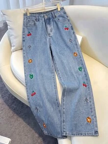 SHEIN 女款腰部鈕扣設計雙口袋彩色圖案刺繡休閒寬鬆牛仔褲 - 藍色 - 查看 4