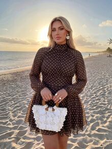Auralis Brown Polka-Dot Double-Layer Mesh Mini Dress Featuring A Halter Neck, Tie-Back Detail, Fitted Waist, And Flared Skirt-Perfect For Dates, Parties, - Brown - View 6