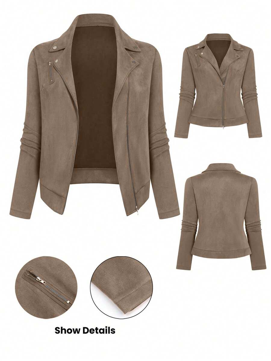 GlowEve CURVE Women's Plus Size Suede Lapel Zipper Front Casual Motorcycle Jacket - Khaki - View 1
