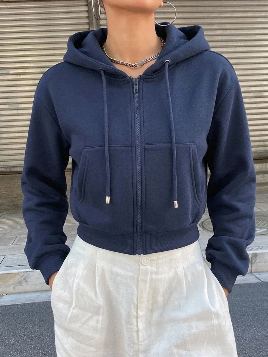 DAZY Sweatshirt Berkerudung Kasual Warna Polos untuk Wanita, Cocok untuk Pemakaian Sehari-hari - Navy Blue - View 1