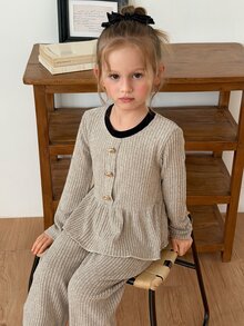 Hapijoa Bộ áo nỉ cài nút gấu bèo nhún và quần cho bé gái - Màu Xám nhạt - Xem 1