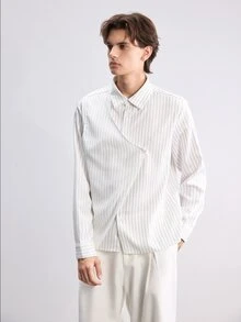 RONVEXI Men's Minimalist Striped Button-Up Shirt With Asymmetrical Hem - White - View 5