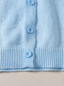SHEIN 女童秋/冬黃色修身圓領針織開襟毛衣外套，基礎款針織開襟衫，適合海邊度假、冷氣房、開學季、優雅聚會等場合，適合秋冬穿著 - 藍色 - 查看 2