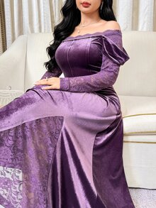 Modelyn Women's Sexy Flocked Off-Shoulder Lace Dress - Purple - View 4