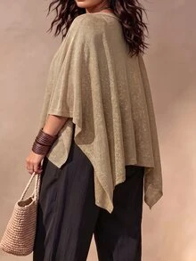 Linhara CURVE Plus Size Women's Spring/Summer/Autumn Asymmetrical High-Low Round Neck Cape Top, Atmosphere-Enhancing Shawl Outerwear, Suitable For Daily Commute, Outings, Dates, Parties And More - Khaki - View 2