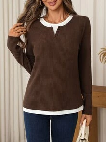 EMERY ROSE Women's 2 In 1 Long Sleeve Casual Ribbed T-Shirt - Coffee Brown - View 9