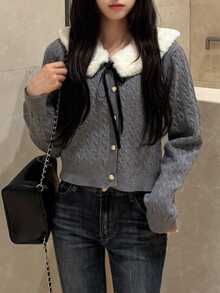 FRIFUL Women's Plush Patchwork Casual Versatile Daily Wear Cardigan - Grey - View 3