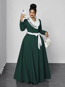 Maweii Plus Size Women's Long Sleeve French Vintage Elegant Mori Style Fresh Dress Fall - Green - View 1