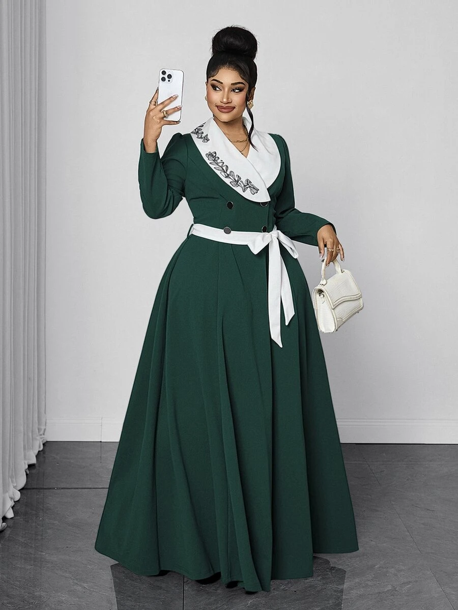 Maweii Plus Size Women's Long Sleeve French Vintage Elegant Mori Style Fresh Dress Fall - Green - View 1