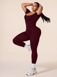 SHEIN Rhythm Era Women's Plus Size Seamless Ribbed Slim Fit Athletic Jumpsuit, Suitable For Workout, Yoga, Running - Burgundy - View 6