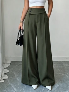 Elenzga Deep Army Green Asymmetrical Fold High Waist Wide Leg Suit Pants For Women, Side Button Decor, Center Seam Pleated Draped Long Trousers For Office Commute - Army Green - View 5