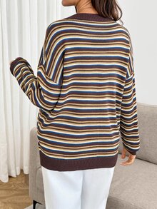 SHEIN Maternity Vintage Striped Colorblock Button Long Sleeve Sweater - Multicolor - View 5