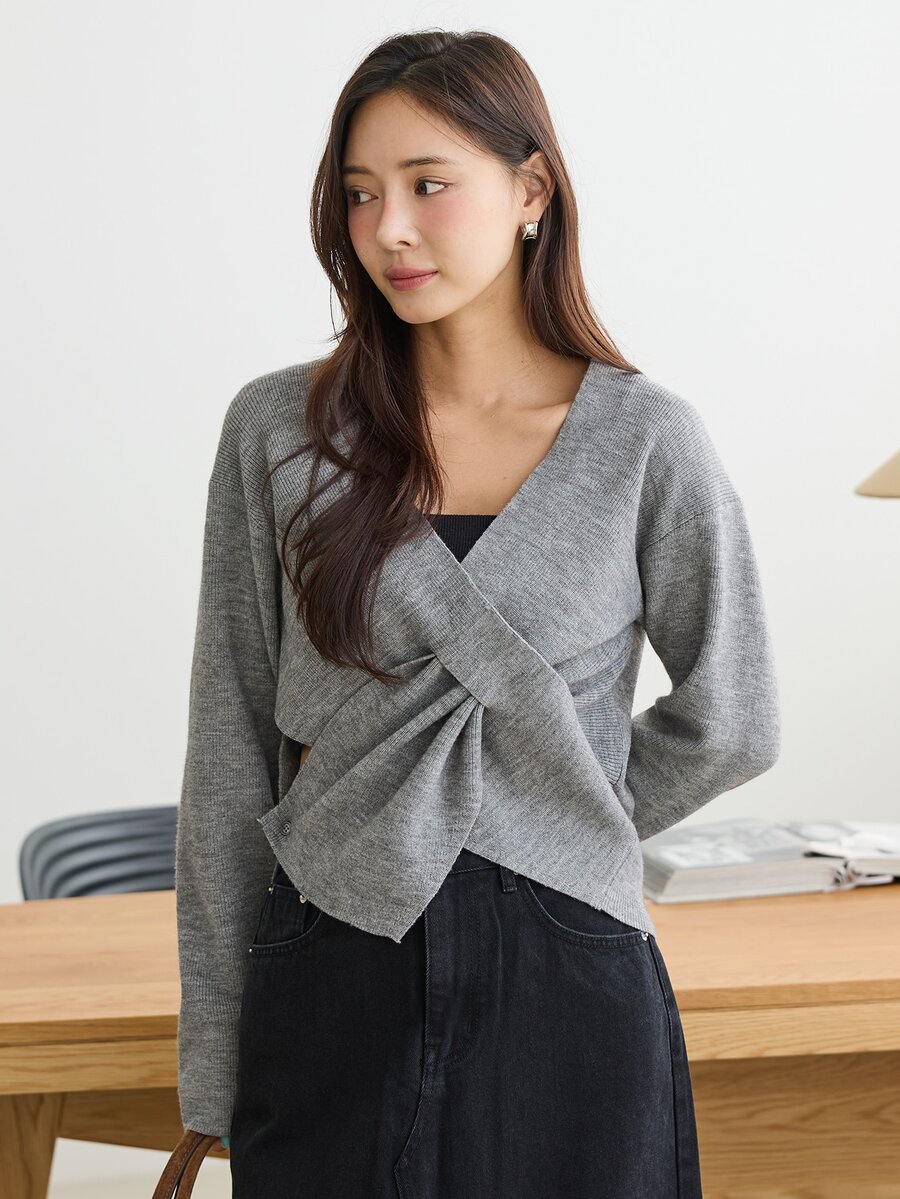 Dazy-Less Women's Winter Grey Round Neck Long Sleeve Cable Knit Slim Fit Ribbed Casual Sweater - Grey - View 1