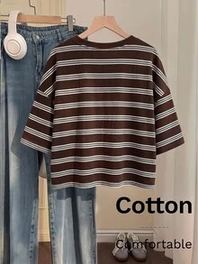 Comfortcana Áo thun size lớn phong cách vintage phối màu sọc color block, thời trang đường phố thường ngày - Nhiều màu - Xem 2