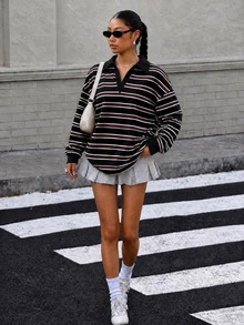 Muchica Women's Striped Drop Shoulder Long Sleeve Casual Loose Sweatshirt - Black - View 6