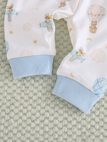 Cozy Pixies 新生兒嬰兒水彩卡通動物熱氣球圖案 溫暖優雅拼色長袖上衣與長褲家居服 - 藍色 - 查看 10