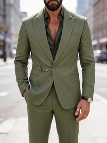 Manfinity Mode Women's Solid Color Long Sleeve Jacket And Pants Casual Commute Suit Set - Army Green - View 1
