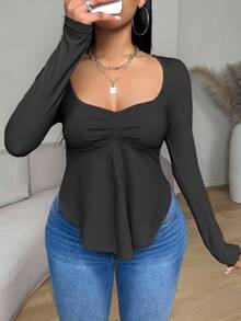 Maweii Plus-Size Women's Long-Sleeve Casual T-Shirt Featuring An Asymmetrical Ruffled Hem. A Comfortable, - Multicolor - View 3