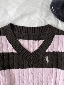 Girlism 青少年女孩針織粉色與棕色條紋刺繡圖案V領長袖毛衣 - 粉色 - 查看 3