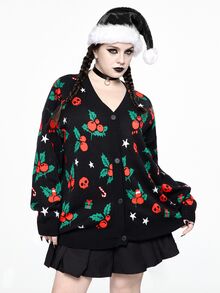 ROMWE Plus Size Women Gothic Style Christmas Skull, Cherry, Gift Box, Candy Cane, Star Pattern Loose Casual Cardigan Sweater - Black - View 9