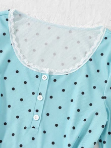 Teen Girls Sweet Polka Dot Print Ribbed Tee, Vintage Scallop Lace Neckline Long Sleeve Buttoned Top Slim Fit Fall Winter Outfits - Blue - View 6