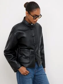 Maija Women's Stand Collar Frog Button Decor Regular Jacket,Going Out Outfis - Black - View 5