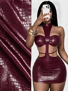 Zolique Summer Style Sexy Neckless Topless Dress Open Back Low-Cut Design Mini Backless Curved Hem PU Coated Fabric Halloween Club Night Out Party Burgundy - Burgundy - View 9