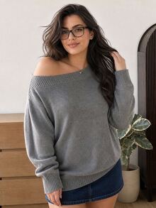 Dazy Plus Solid Color Fitted Short Long Sleeve Asymmetrical Shoulder Boat Neck Sexy Elegant Vacation Spring Autumn Knit Sweater - Grey - View 1