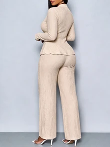 SOLERSUN Plus Size Ladies Apricot V-Lapel Waist Suit With Loose Trousers Suit Two Pieces, Familiar With Business Style, Commuting, Business, Dating. - Apricot - View 5