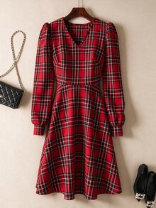 Rusticease Middle-Aged Women Plaid Pattern Long Sleeve V-Neck Waist-Cinching Dress - Black - View 4
