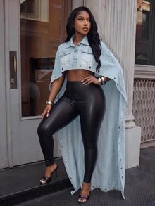 Slaydiva ملابس علوية جينز نسائية عصرية متعددة الاستخدامات مزينة بحلقات معدنية - الأسود - مشاهدة 1