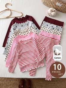 SHEIN LMoss Kids Baby Girl Knit Solid Color Polka Dot Striped Heart Pattern Ruffle Trim T-Shirt And Long Pants 10pcs -Piece Set - Burgundy - View 3