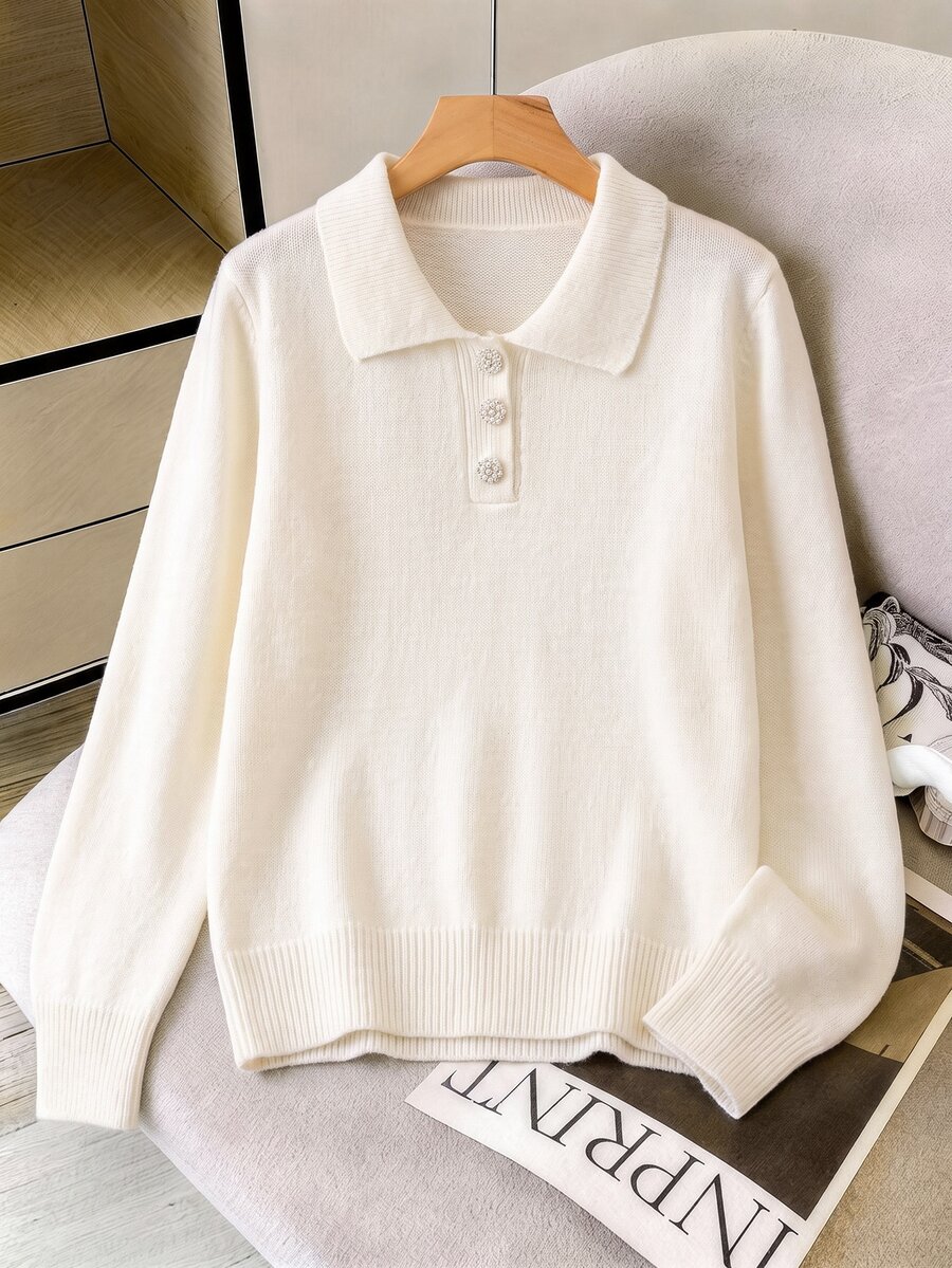 GlowEve CURVE Plus Size Women's Cream White Polo Collar Knit Sweater, Loose Soft Long Sleeve Base Layer, Half-Button Front With Pearl Floral Buttons, Commuter Slimming Flattering Solid Color Knit Top - White - View 1