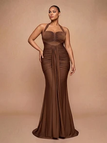 Glamrae Gaun Mermaid Tanpa Tali Leher V Dalam Seksi Elegan Romantis Ukuran Plus Warna Cokelat dengan Kain Rajut Elastis, Rumbai Berkerut, Hem Mermaid Pas Badan dengan Ekor, Cocok untuk Pernikahan, Pesta, Pesta Lajang, Liburan, Pesta Dansa, Gala Malam - Coklat - View 5