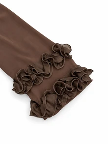 Modelyn Autumn/Winter Elegant Fashion V-Neck Cross Ruffle Long Sleeve Jumpsuit With Bow Waist Belt And Draped Wide Leg Pants For Women - Coffee Brown - View 11
