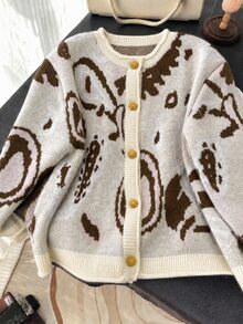 EMERY ROSE 2025 Plus Size Women's Fashionable Casual Minimalist Versatile Multi-Colour Fair Isle Pattern Gemstone Floral Button Small Round Neck Knitted Cardigan - Apricot - View 5