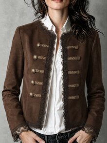 LUMIGAL Dark Brown Suede Round Neck Lace Trim Vintage Long Sleeve Women's Jacket - Coffee Brown - View 3
