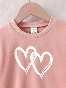 Girls' Pink Heart Pattern Sweatshirt And Denim Jeans Casual Set - Pink - View 4