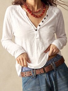 Bohemela Women's Solid Color V-Neck Single-Breasted Casual Everyday Basic Long Sleeve T-Shirt - White - View 1