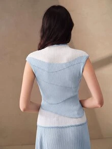 Anewsta 女款拼接網紗透視時尚優雅針織上衣 - 淺藍色 - 查看 2