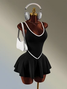 Amplova Women's Colorblock Patchwork Fashion Minimalist Sports Dress Tennis Daily Fashion Workout Gym Going Out Casual Sexy Black Backless Fitness Outdoor - Black and White - View 3