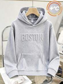 SHEIN 兒童青少年男孩休閒灰色字母與圖案印花寬鬆版型開學季秋冬衛衣，適合學校、街頭、派對穿著 - 淺灰色 - 查看 3