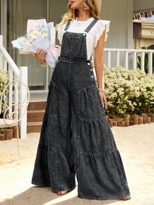 Breezaya Women's Wide Leg Denim Overalls With Side Metal Button Decor - Black - View 5
