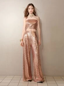 MOTF PREMIUM WOMEN'S FASHION SEQUIN PARTY TUBE TOP & PANTS SET - Champagne - View 4