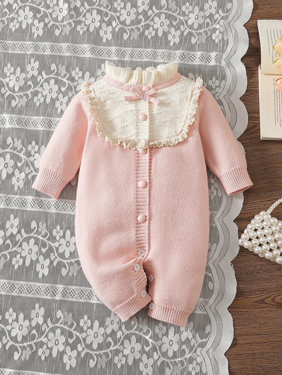 SHEIN Infant (Girl) Pink Lace Trim Exquisite Heavy Crafting Elegant Lady Cute Handmade Bow Long Crawl Romper, Suitable For Autumn/Winter - Pink - View 1