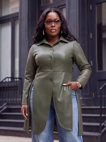 Slaydiva Blazer Panjang Kulit Imitasi Ukuran Besar, Jaket Slim Fit Kancing Tunggal - Hijau Army - Hijau - View 6