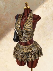 Amplova Women's Tiger Print Sexy Halter Neck Tank Top And Ruffle Hem Skirt 2 Pieces Set - Gold - View 4