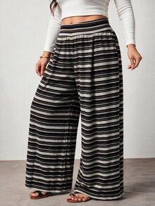 Enliva Plus-Size Women's High-Waisted Stretch Striped Casual Trousers With Pockets Apple,Rounded Body - Multicolor - View 7